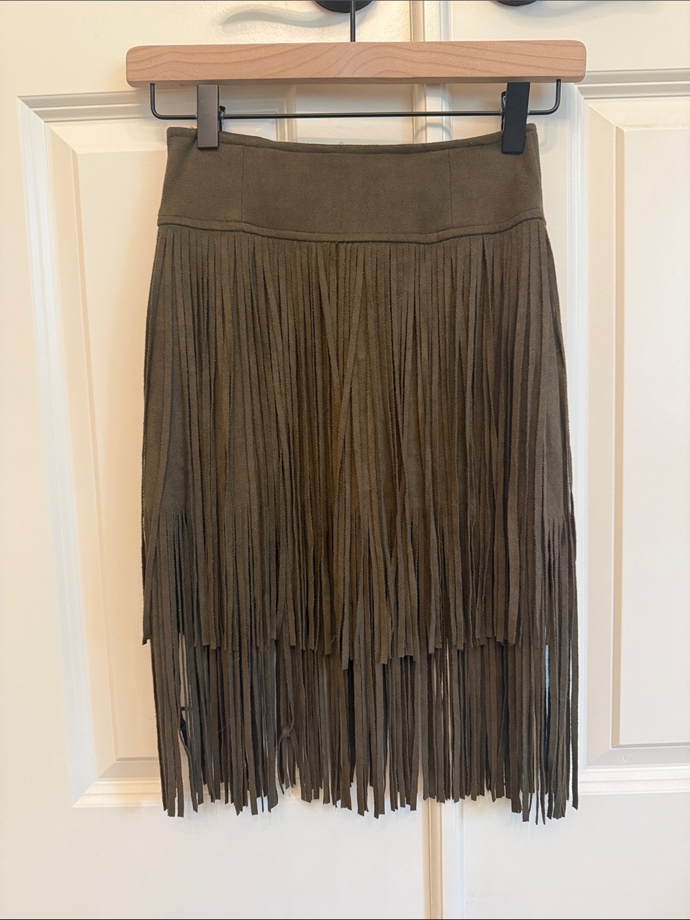 Joyfolie Olive Fringe Suede-Look Midi Skirt